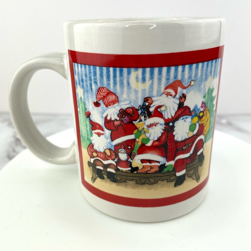 Christmas Santa’s Mug, WBI Holiday 2-Sided Coffee Cup with a Group of Santas